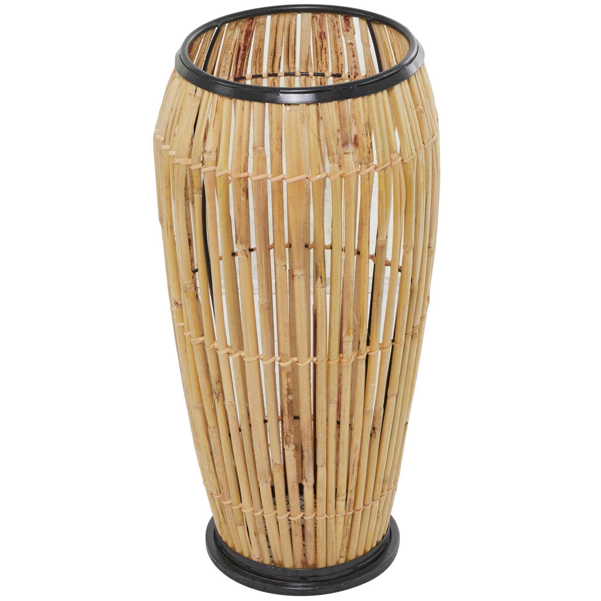 Brown Wicker Handmade Slatted Frame Vase with Black Metal Accents